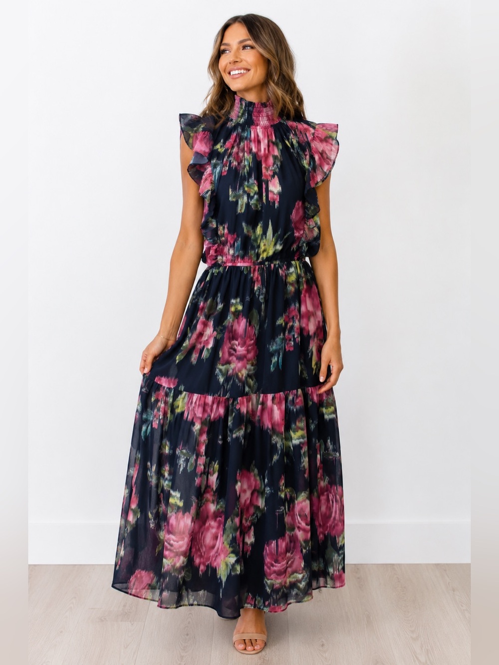 NWT Eve Madden Navy Floral Smocked Mock Neck Ruffle Sleeve Maxi Dress XL